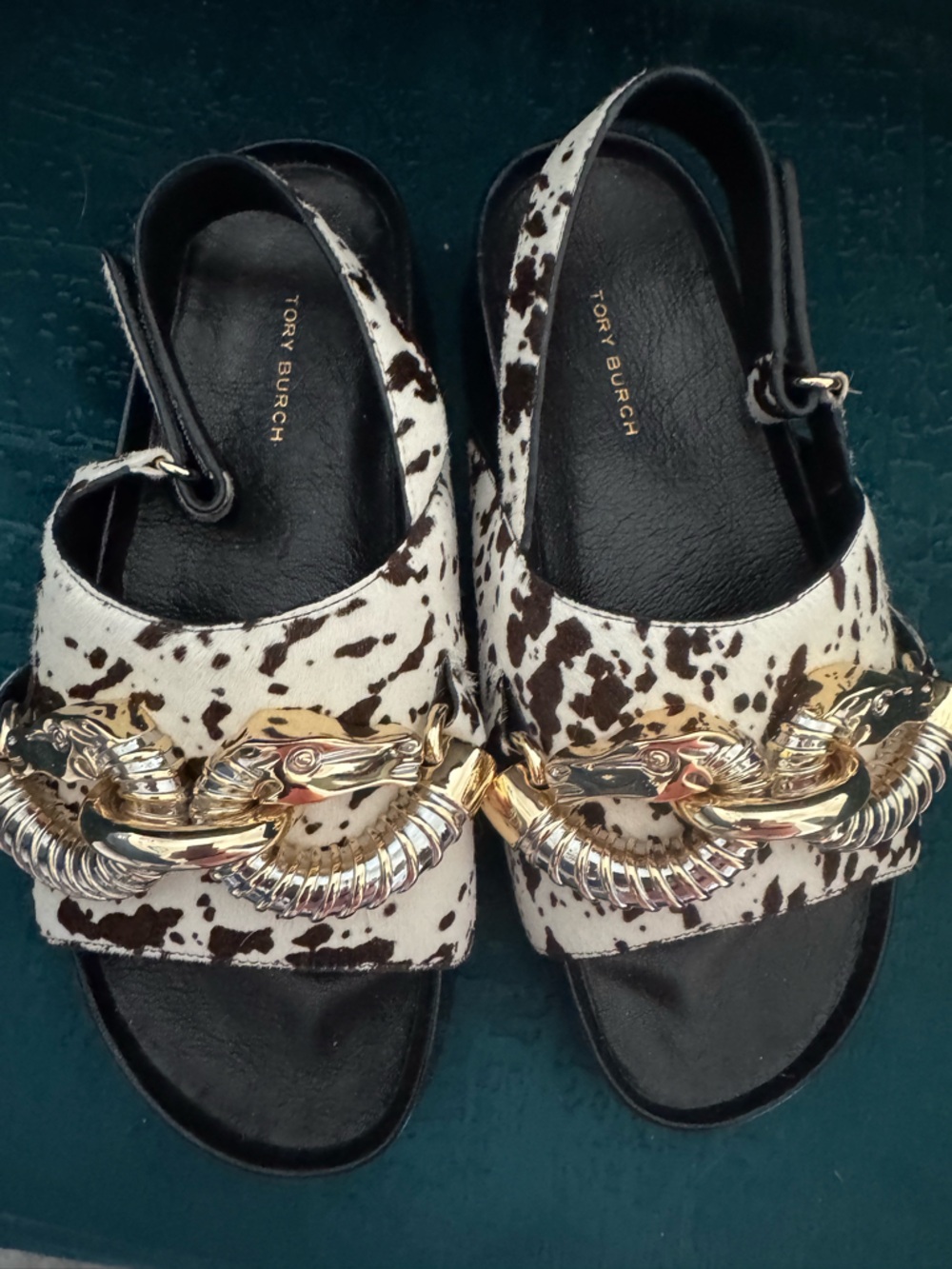 Tory Burch Brown & White Cowhide Platform Sandals with Gold Hardware